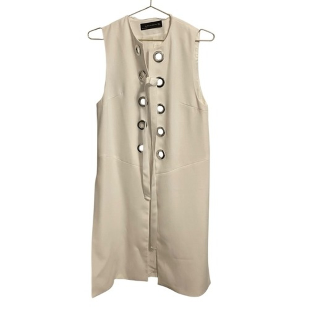 Zara Woman Cream Longline Vest Silver Grommet Lace Up Sleeveless Jacket Small